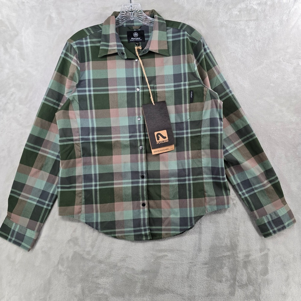 Flylow Brigitte Tech Flannel Women Large Pine Seaglass Plaid Snap Shirt
